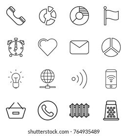 Thin line icon set : phone, circle diagram, flag, alarm clock, heart, mail, bulb, globe connect, wireless, remove from basket, radiator, grater