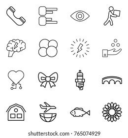 Thin line icon set : phone, diagram, eye, courier, brain, atom core, lightning, chemical industry, cardio chip, bow, spark plug, bridge, house, plane shipping, fish, flower