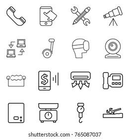 Thin line icon set : phone, touch, pencil wrench, telescope, notebook connect, virtual mask, web cam, electrostatic, mobile pay, air conditioning, intercome, kitchen scales, handle