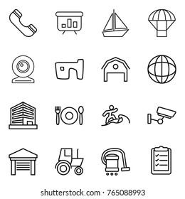 Thin line icon set : phone, presentation, boat, parachute, web cam, slum, barn, globe, office, cafe, surfer, surveillance, garage, tractor, vacuum cleaner, clipboard list