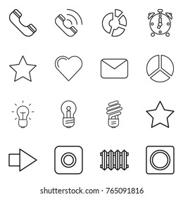 Thin line icon set : phone, call, circle diagram, alarm clock, star, heart, mail, bulb, right arrow, ring button, radiator