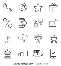 Thin line icon set : phone, circle diagram, star, gift, percent, touch, notebook connect, wireless, cloude service, antenna, add to cart, goverment house, sorting, trailer, mobile checking