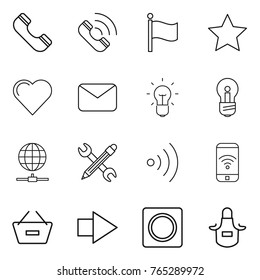 Thin line icon set : phone, call, flag, star, heart, mail, bulb, globe connect, pencil wrench, wireless, remove from basket, right arrow, ring button, apron