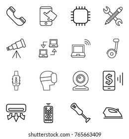 Thin line icon set : phone, touch, chip, pencil wrench, telescope, notebook connect, wireless, segway, smart watch, virtual mask, web cam, mobile pay, air conditioning, remote control, blender, iron