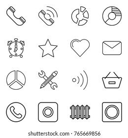 Thin line icon set : phone, call, circle diagram, alarm clock, star, heart, mail, pencil wrench, wireless, remove from basket, ring button, radiator