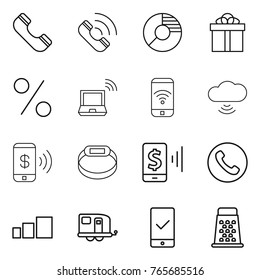 Thin line icon set : phone, call, circle diagram, gift, percent, notebook wireless, cloud, pay, smart bracelet, mobile, sorting, trailer, checking, grater