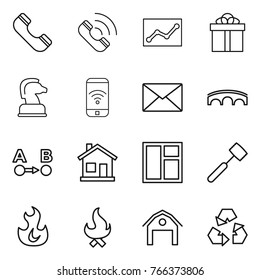 Thin line icon set : phone, call, statistics, gift, chess horse, wireless, mail, bridge, route a to b, home, window, meat hammer, fire, barn, recycling