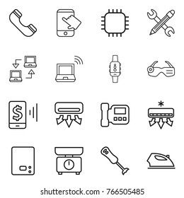 Thin line icon set : phone, touch, chip, pencil wrench, notebook connect, wireless, smart watch, glasses, mobile pay, air conditioning, intercome, kitchen scales, blender, iron