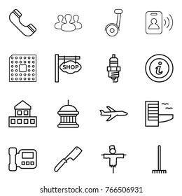 Thin line icon set : phone, group, segway, pass card, cpu, shop signboard, spark plug, info, cottage, goverment house, plane, hotel, intercome, chef knife, scarecrow, rake