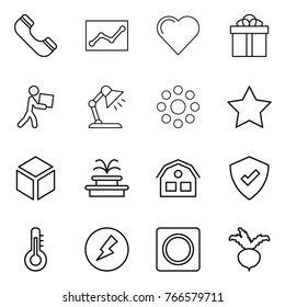 Thin line icon set : phone, statistics, heart, gift, courier, table lamp, round around, star, 3d, fountain, house, protected, thermometer, electricity, ring button, beet
