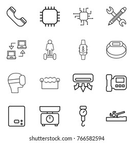 Thin line icon set : phone, chip, pencil wrench, notebook connect, hoverboard, smart watch, bracelet, virtual mask, electrostatic, air conditioning, intercome, kitchen scales, handle, soil cutter