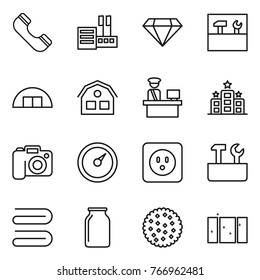 Thin line icon set : phone, store, diamond, tools, hangare, house, customs control, hotel, camera, barometer, power socket, repair, towel, bank, cookies, clean window
