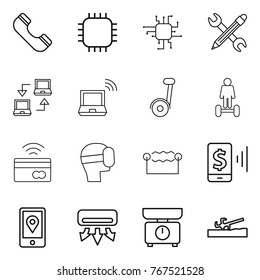 Thin line icon set : phone, chip, pencil wrench, notebook connect, wireless, hoverboard, tap to pay, virtual mask, electrostatic, mobile, location, air conditioning, kitchen scales