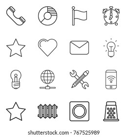 Thin line icon set : phone, circle diagram, flag, alarm clock, star, heart, mail, bulb, globe connect, pencil wrench, wireless, radiator, ring button, grater