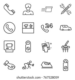 Thin line icon set : phone, woman, delivery, pencil wrench, tools, 24, car shipping, atm, do not distrub, wiping, vacuum cleaner, iron