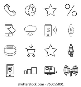 Thin line icon set : phone, circle diagram, star, percent, touch, cloud wireless, pay, smart watch, bracelet, add to cart, spark plug, mobile location, sorting, trailer