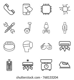 Thin line icon set : phone, touch, chip, pencil wrench, hoverboard, smart watch, bracelet, virtual mask, glasses, air conditioning, remote control, kitchen scales, iron