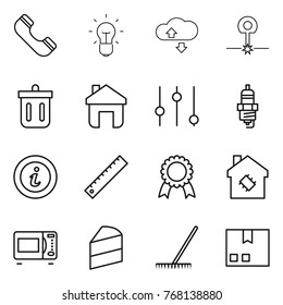Thin line icon set : phone, bulb, cloude service, laser, bin, home, equalizer, spark plug, info, ruler, medal, smart house, microwave oven, cake, rake, package
