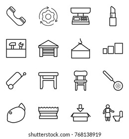 Thin line icon set : phone, around gear, market scales, lipstick, tools, garage, loading crane, sorting, suitcase, stool, chair, skimmer, lemon, sponge, package, toilet cleaning