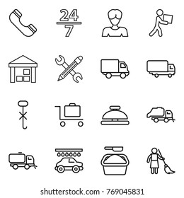 Thin line icon set : phone, 24 7, woman, courier, warehouse, pencil wrench, delivery, shipping, do not hook sign, baggage trolley, service bell, trash truck, sweeper, car wash, washing powder