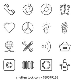 Thin line icon set : phone, circle diagram, alarm clock, heart, bulb, globe connect, pencil wrench, wireless, remove from basket, ring button, radiator, apron
