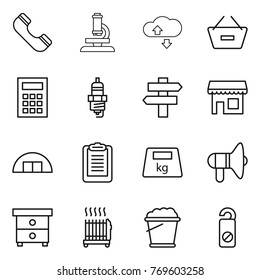 Thin line icon set : phone, microscope, cloude service, remove from basket, calculator, spark plug, singlepost, shop, hangare, clipboard, heavy, loudspeaker, nightstand, radiator, foam bucket