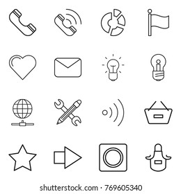 Thin line icon set : phone, call, circle diagram, flag, heart, mail, bulb, globe connect, pencil wrench, wireless, remove from basket, star, right arrow, ring button, apron