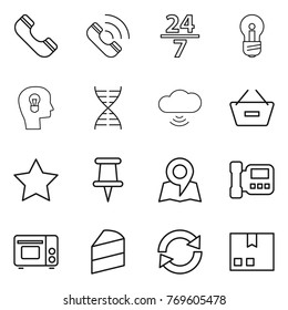 Thin line icon set : phone, call, 24 7, bulb, head, dna, cloud wireless, remove from basket, star, pin, map, intercome, grill oven, cake, reload, package