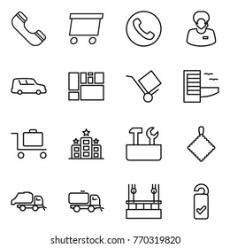 Thin line icon set : phone, delivery, support manager, car shipping, consolidated cargo, trolley, hotel, baggage, repair tools, rag, trash truck, sweeper, skysrcapers cleaning, please clean