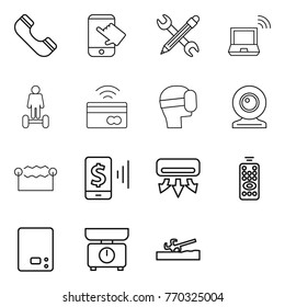 Thin line icon set : phone, touch, pencil wrench, notebook wireless, hoverboard, tap to pay, virtual mask, web cam, electrostatic, mobile, air conditioning, remote control, kitchen scales