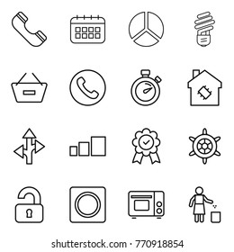 Thin line icon set : phone, calendar, diagram, bulb, remove from basket, stopwatch, smart house, route, sorting, medal, handwheel, unlocked, ring button, grill oven, garbage bin
