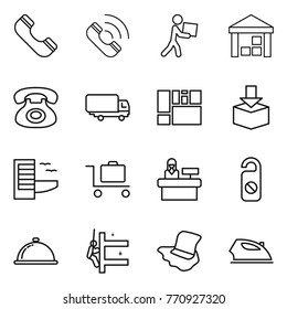 Thin line icon set : phone, call, courier, warehouse, shipping, consolidated cargo, package, hotel, baggage trolley, reception, do not distrub, meal cap, skyscrapers cleaning, floor washing, iron