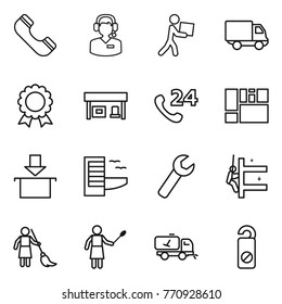 Thin line icon set : phone, call center, courier, delivery, medal, gas station, 24, consolidated cargo, package, hotel, wrench, skyscrapers cleaning, brooming, woman with duster, home