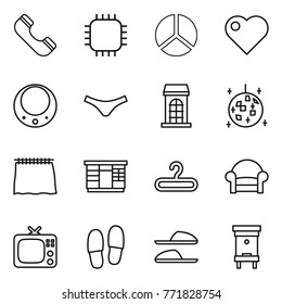 Thin line icon set : phone, chip, diagram, heart, necklace, underpants, building, disco ball, curtain, wardrobe, hanger, armchair, tv, slippers, hive