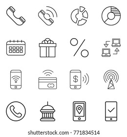 Thin line icon set : phone, call, circle diagram, calendar, gift, percent, notebook connect, wireless, tap to pay, antenna, goverment house, mobile location, checking