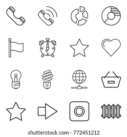Thin line icon set : phone, call, circle diagram, flag, alarm clock, star, heart, bulb, globe connect, remove from basket, right arrow, ring button, radiator