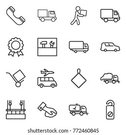 Thin line icon set : phone, truck, courier, delivery, medal, tools, shipping, car, trolley, transfer, rag, trash, skysrcapers cleaning, wiping, home call, do not distrub