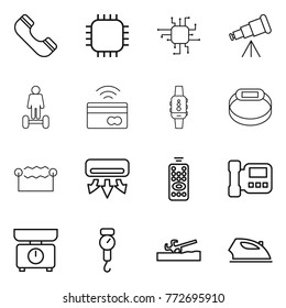 Thin line icon set : phone, chip, telescope, hoverboard, tap to pay, smart watch, bracelet, electrostatic, air conditioning, remote control, intercome, kitchen scales, handle, soil cutter, iron