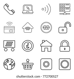 Thin line icon set : phone, notebook, wireless, server, tap to pay, home, crypto currency, unlock, delivery, info, lock, globe, basket, ring button