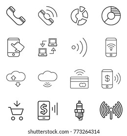 Thin line icon set : phone, call, circle diagram, touch, notebook connect, wireless, cloude service, cloud, tap to pay, add cart, mobile, spark plug