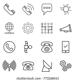 Thin line icon set : phone, call, message, chip, globe connect, round around, loudspeaker, satellite, mobile checking, wireless, antenna, gears