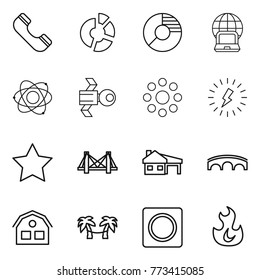 Thin line icon set : phone, circle diagram, notebook globe, atom, satellite, round around, lightning, star, bridge, house with garage, palm hammock, ring button, fire