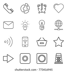 Thin line icon set : phone, circle diagram, alarm clock, heart, mail, bulb, globe connect, wireless, remove from basket, star, right arrow, ring button, grater