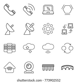 Thin line icon set : phone, call, notebook, hex molecule, satellite antenna, round around, connect, server, cloude service, cloud wireless, quantum bond, home, web cam, bridge