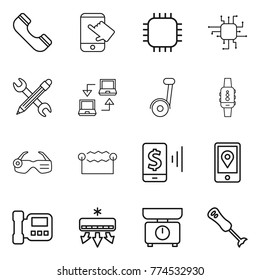 Thin line icon set : phone, touch, chip, pencil wrench, notebook connect, smart watch, glasses, electrostatic, mobile pay, location, intercome, air conditioning, kitchen scales, blender