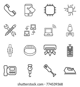 Thin line icon set : phone, touch, chip, pencil wrench, notebook connect, wireless, hoverboard, smart watch, bracelet, air conditioning, remote control, intercome, handle scales, blender, iron