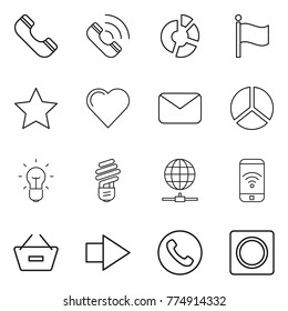 Thin line icon set : phone, call, circle diagram, flag, star, heart, mail, bulb, globe connect, wireless, remove from basket, right arrow, ring button