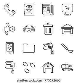 Thin line icon set : phone, annual report, newspaper, monitor arrow, satellite, smart glasses, bin, garage, mobile location, documents, mixer, ladle, seeds, barn, home call cleaning
