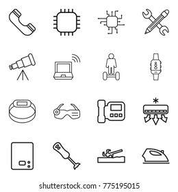 Thin line icon set : phone, chip, pencil wrench, telescope, notebook wireless, hoverboard, smart watch, bracelet, glasses, intercome, air conditioning, kitchen scales, blender, soil cutter, iron