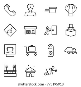 Thin line icon set : phone, woman, delivery, parachute, under construction, gas station, courier, package, atm, baggage trolley, do not distrub, trash truck, skysrcapers cleaning, house